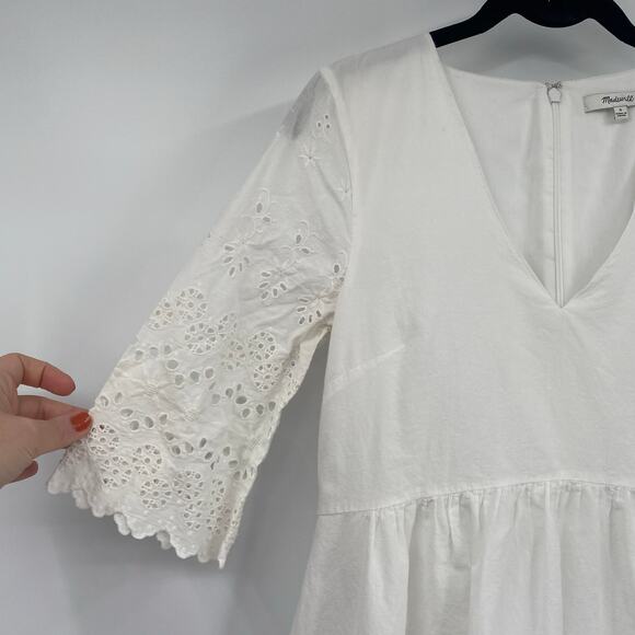 Madewell Women's White Scalloped Hem Eyelet Lattice Fit & Flare Dress Size 0 - Picture 7 of 10